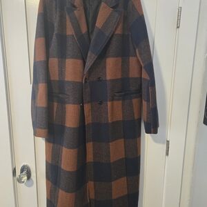long tall sally Plaid Longline Trench Coat in Navy and Rust